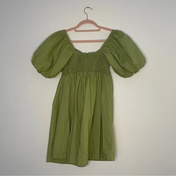 En Saison Green Puff Sleeve Cotton Mini Dress | Ruched Bodice | Size S - Picture 6 of 8